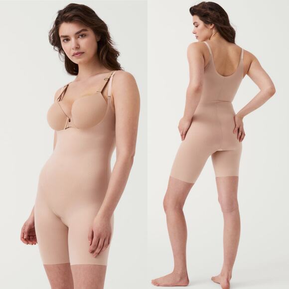 SPANX NWT Thinstincts Open Bust Mid Thigh Shapewear Bodysuit in Soft Nude Large - Picture 11 of 13